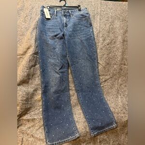 Express Blue Straight Leg Jeans with Stud Accents
